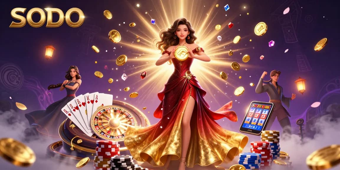 SODO casino scene depicting an Asian woman with a golden coin amidst flying coins and a roulette wheel.