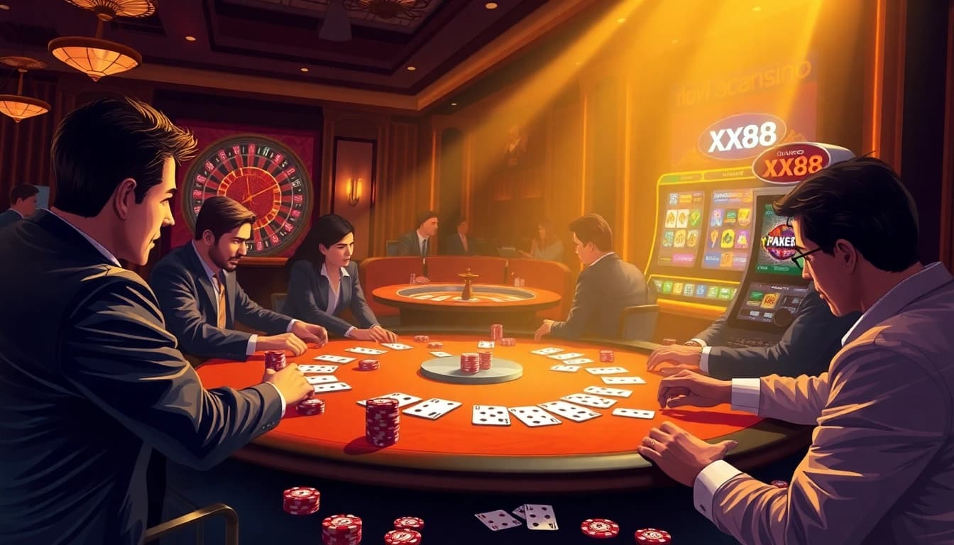 Intense poker competition at XX88 casino, showcasing chips, cards, and a lively atmosphere.