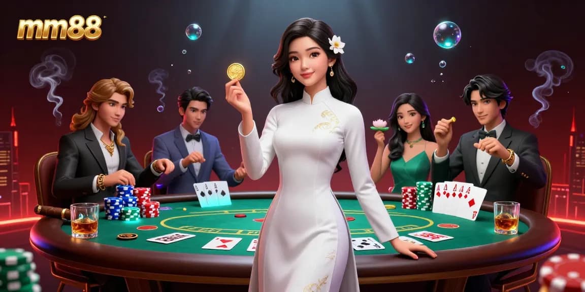 Engage with the thrilling mm88 online casino scene featuring poker elements and an elegant Asian woman.