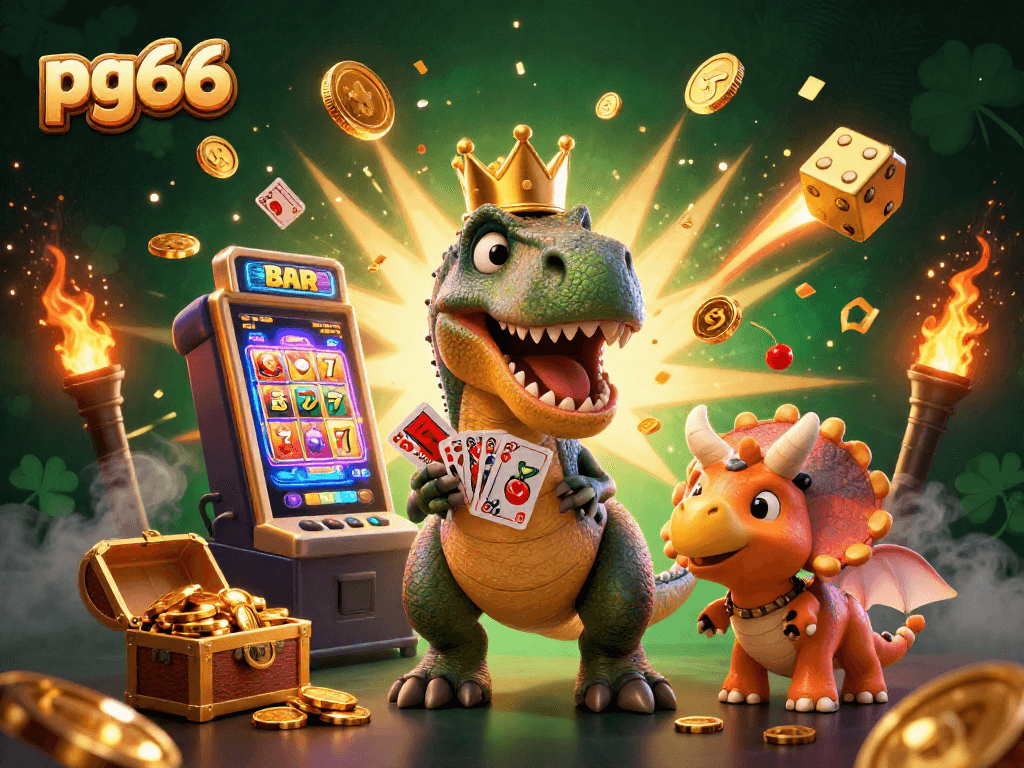 Experience excitement at pg66 with a T-Rex shuffling cards and a treasure-filled jackpot scene.