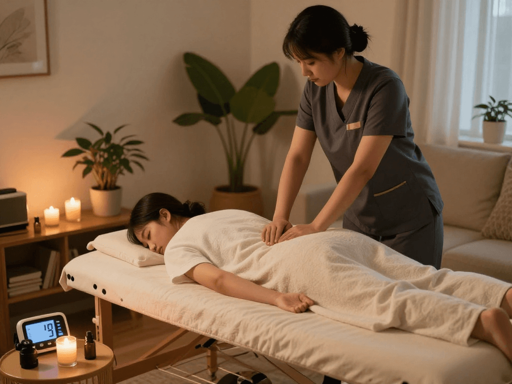 Relaxing 구리출장마사지 session with a therapist and client in a cozy atmosphere.