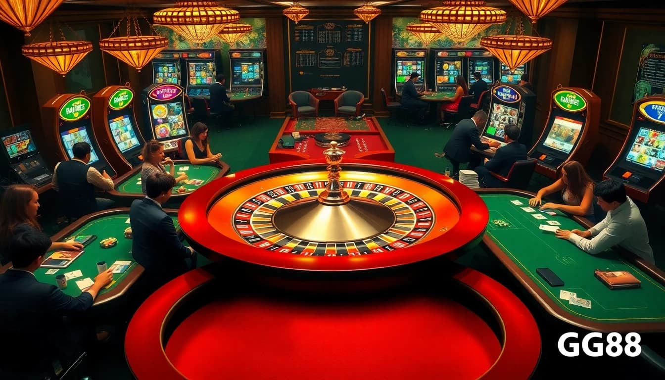 Betting excitement at GG88 in a lavish casino setting with roulette and poker tables.