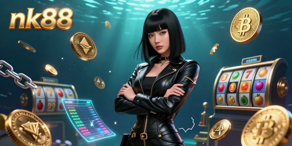 Experience thrilling slots at nk88, featuring vibrant 3D slots and neon crypto elements in a stunning underwater scene.