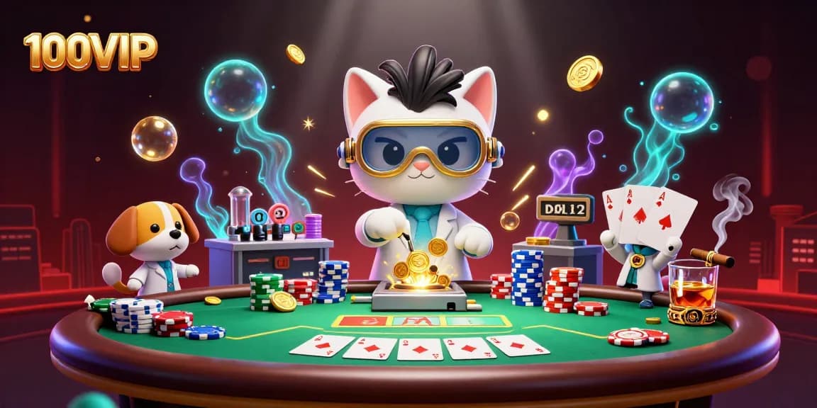 Engage with 100VIP's vibrant 3D illustration of a mad scientist cat creating gold in a casino themed lab.