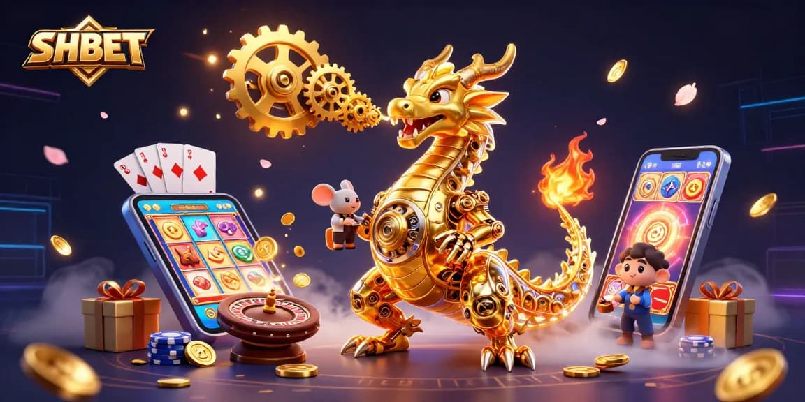Experience thrilling gameplay at SHBET with a vibrant casino scene featuring a golden dragon and dynamic gaming elements.