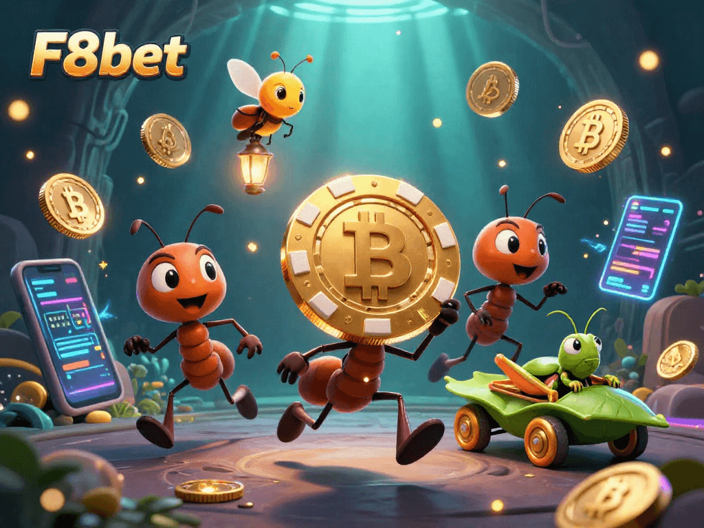 F8bet ants heist capturing a giant golden poker chip in an underground scene filled with crypto elements