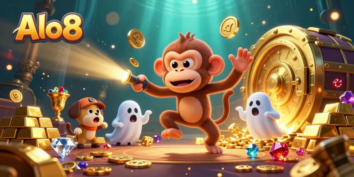 Alo8 entertains with a ghost-hunter puppy tracking a playful poltergeist monkey amidst casino treasures.