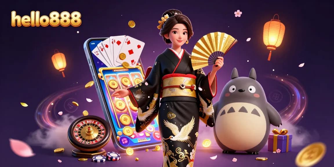 Experience excitement with hello888 in a vibrant casino-themed 3D illustration featuring games and characters.