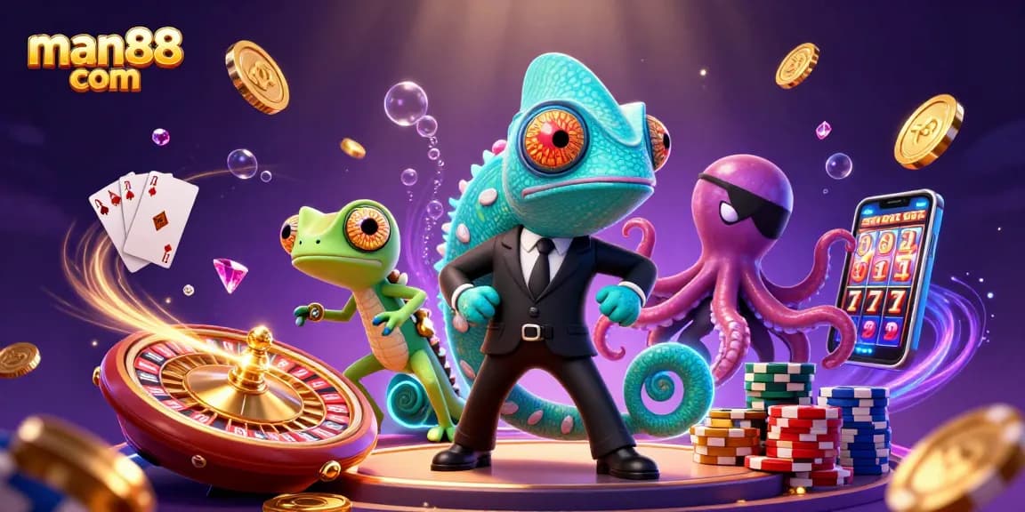 Experience the thrill of man88 com with our colorful 3D casino adventure illustration featuring a chameleon agent.