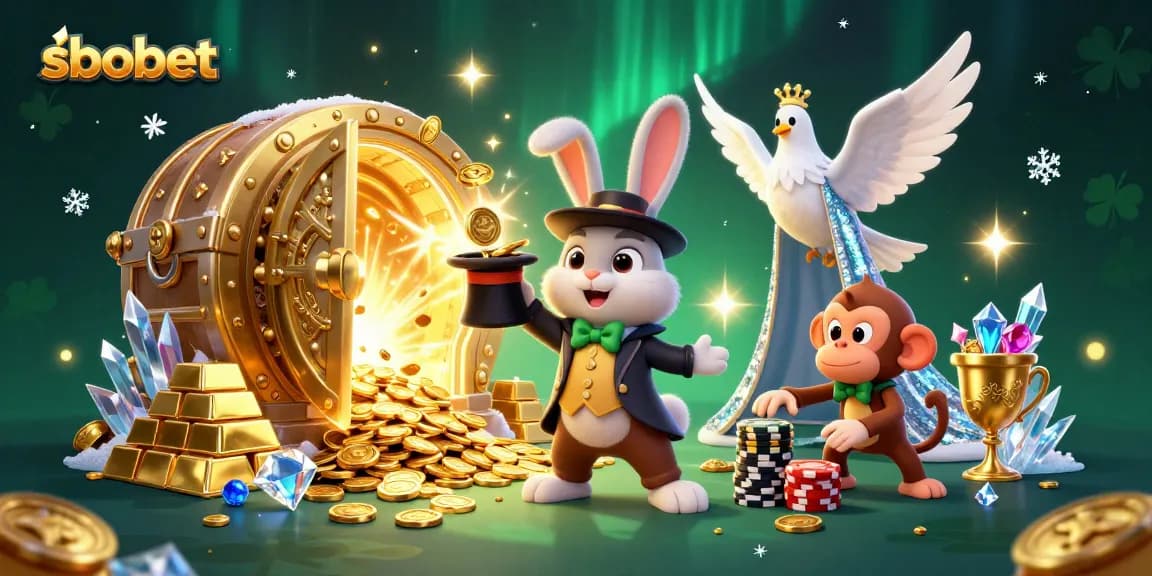 Experience sbobet betting thrills with a magician rabbit pulling coins alongside casino-themed elements.