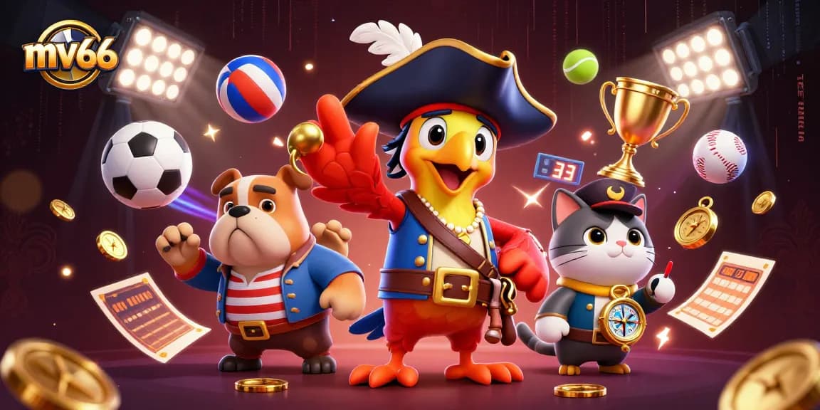 Experience thrilling games at mv66 with a vibrant 3D illustration showcasing dynamic sports elements and a pirate theme.