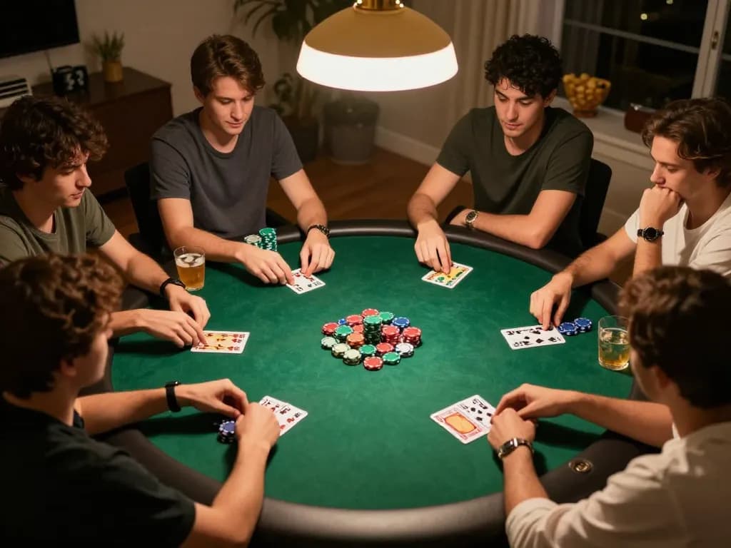 Exciting home poker game scene showcasing players' strategy and engagement with poker chips and cards on the table, relevant to https://www.mnm88.com/.