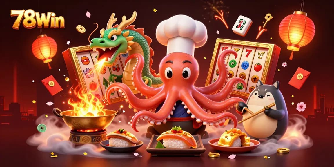 Watch the dynamic characters of 78Win celebrating winning moments at the casino with vibrant slot reels.