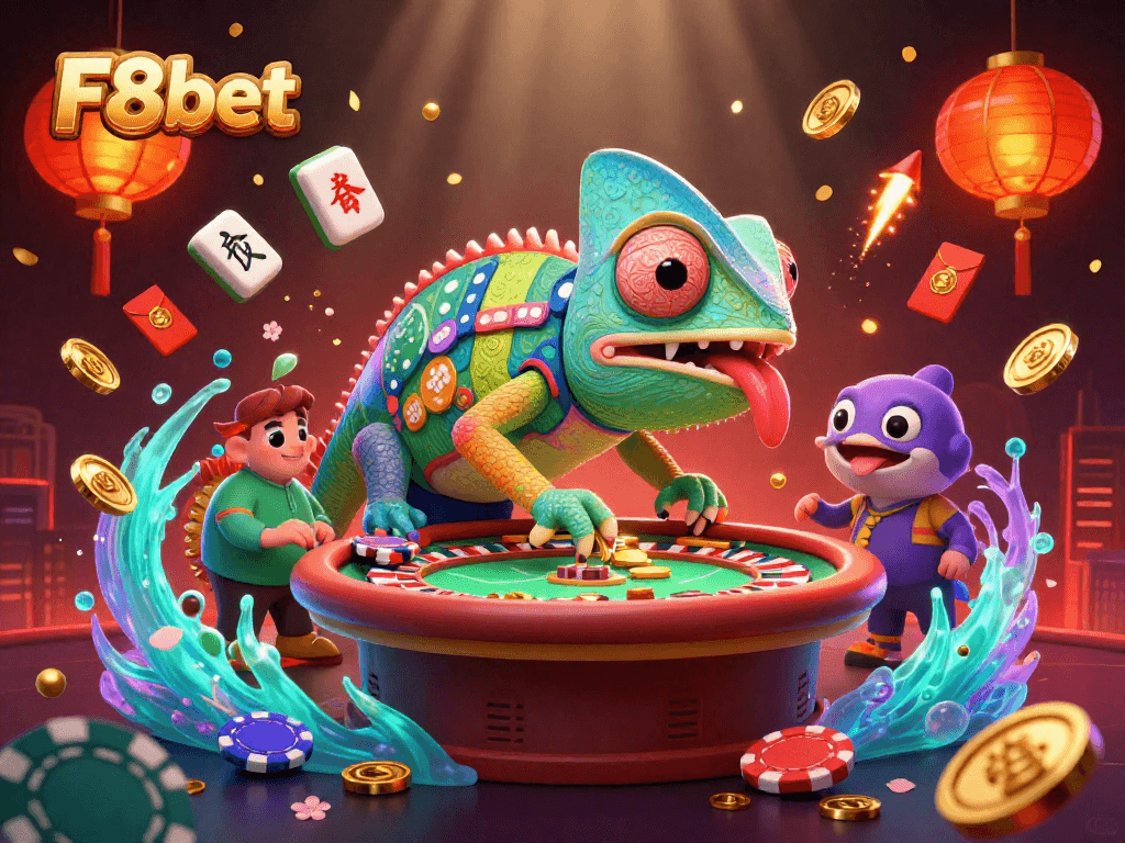 Experience thrilling gameplay and vibrant visuals with F8bet's dynamic casino scene featuring a chameleon owner.