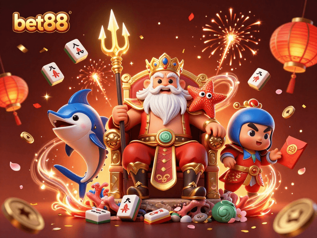 Join bet88's immersive games with a vibrant scene of Neptune and festive elements enhancing the gaming experience.
