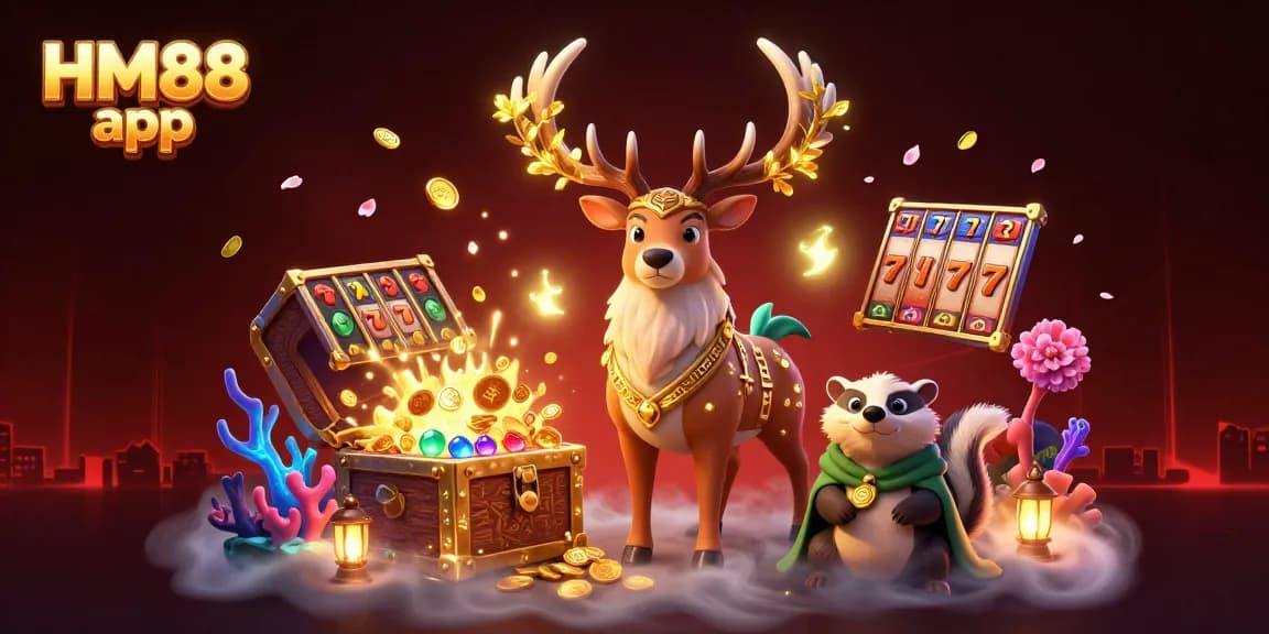Win big with the HM88 app, featuring vibrant casino elements and mystical illustrations.