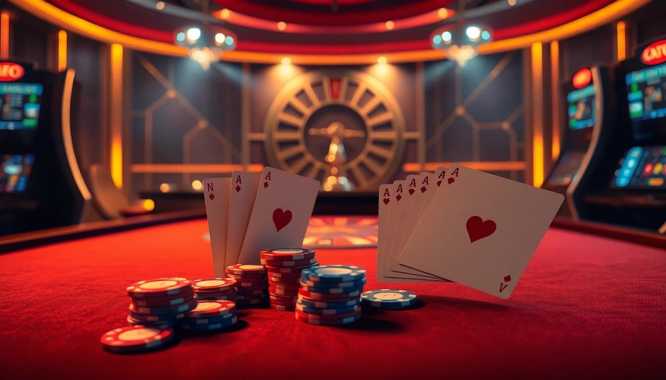Experience the excitement of CM88 nhà cái with a vibrant casino scene featuring poker chips, cards, and a roulette wheel.