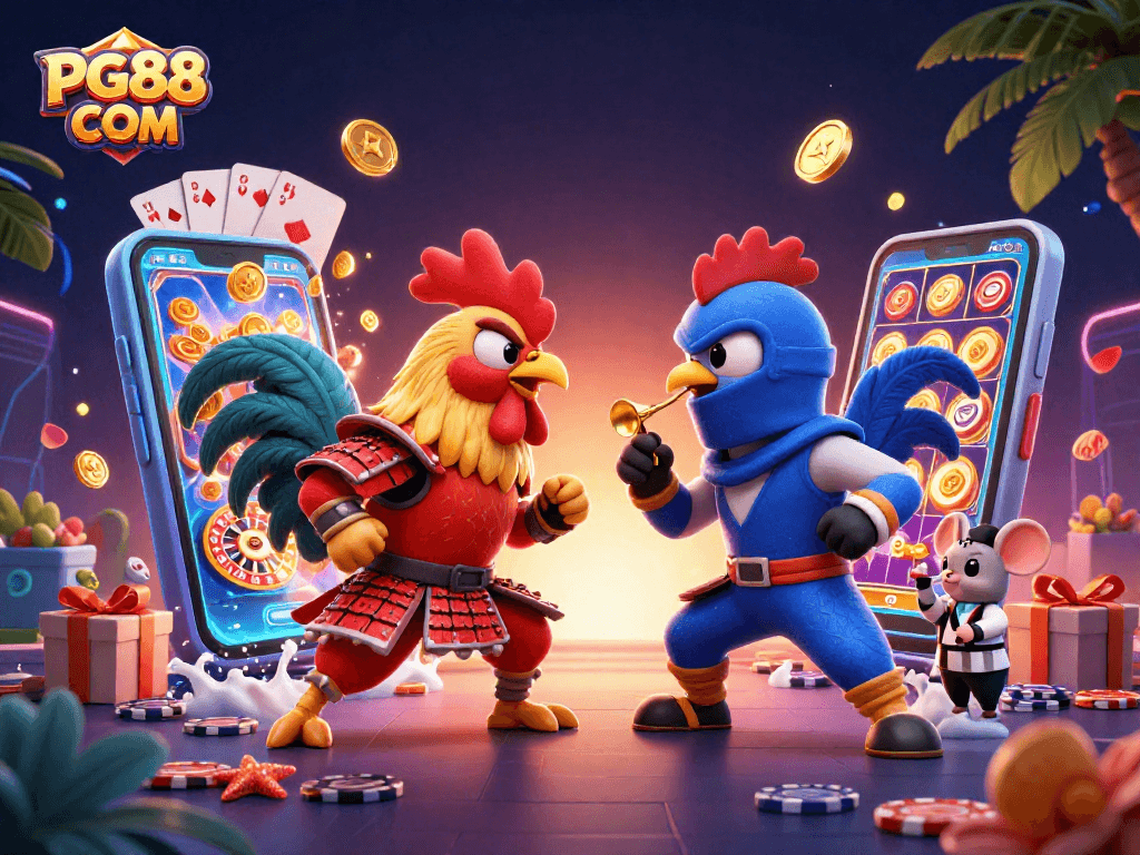 Engage with PG88 COM's thrilling action scene featuring rooster warriors in a dynamic standoff.