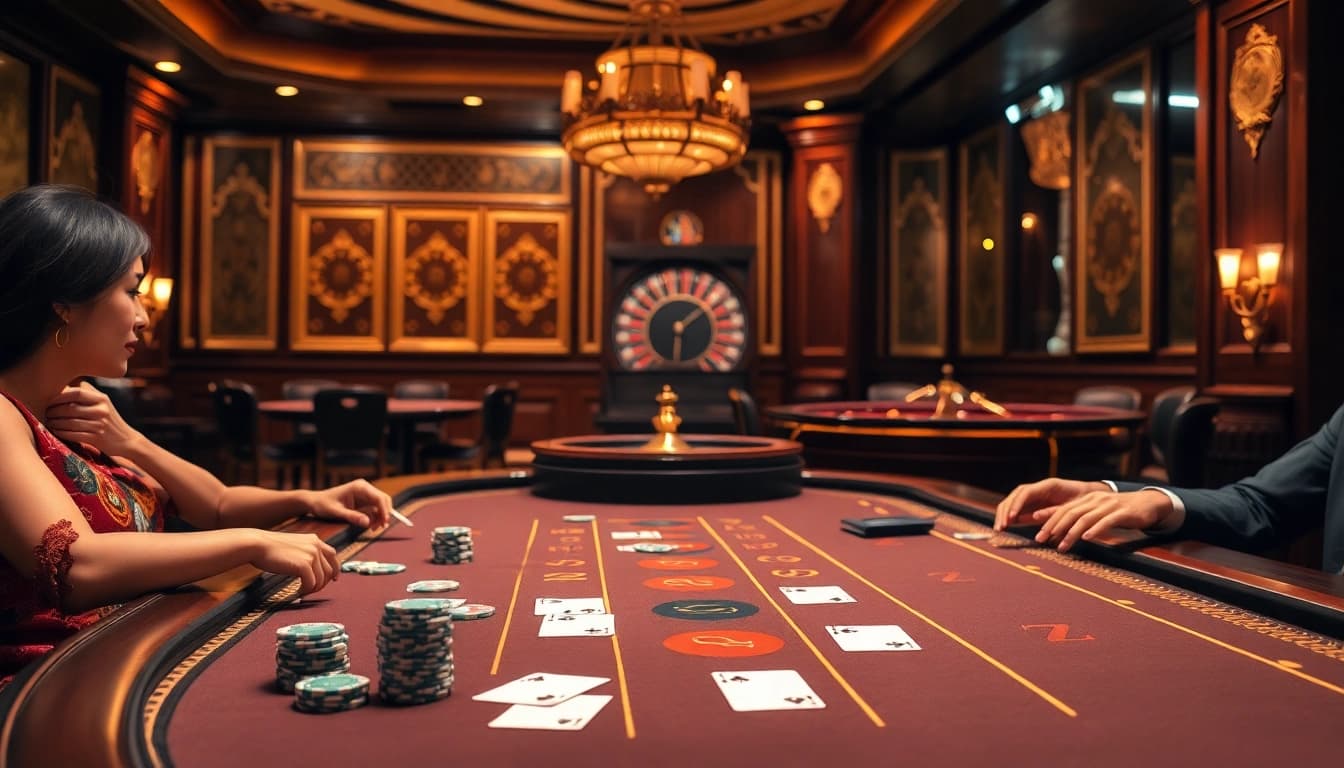 Engage in thrilling baccarat at 9PH with vibrant chips and luxurious casino atmosphere.