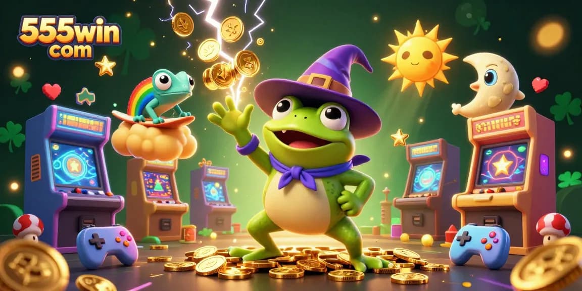 Engage in thrilling gaming at 555win com with vibrant scenes of cartoon characters amidst gold coins.