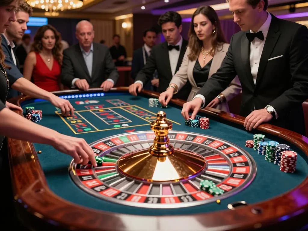 Engaging scene of players betting at a roulette table during rr88bet gaming session, showcasing vibrant casino atmosphere.