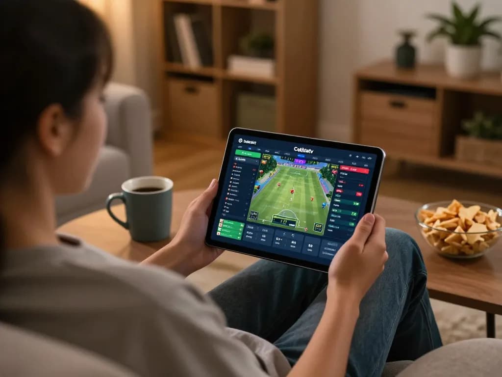 Cakhiatv user engaging in dynamic online sports betting on a modern tablet in a cozy home setting