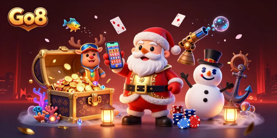 Engage in thrilling jackpots with Go8's stunning 3D casino illustration featuring Santa and friends.