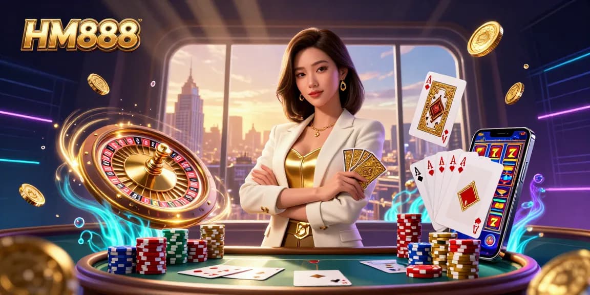 Experience thrilling gameplay with HM888, showcasing a powerful Asian woman holding golden cards amidst vibrant casino elements.