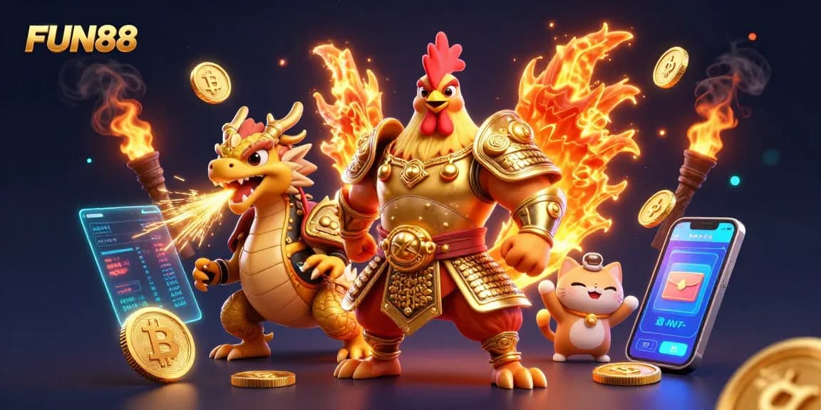 Engage in thrilling gaming action at FUN88 with vibrant characters and dynamic casino elements.