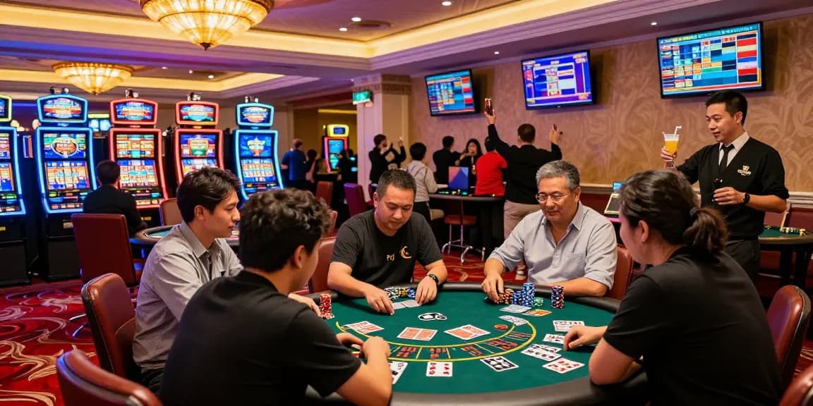 Dynamic casino au88 gaming scene with players at a blackjack table and vibrant slot machines in a luxurious setting.
