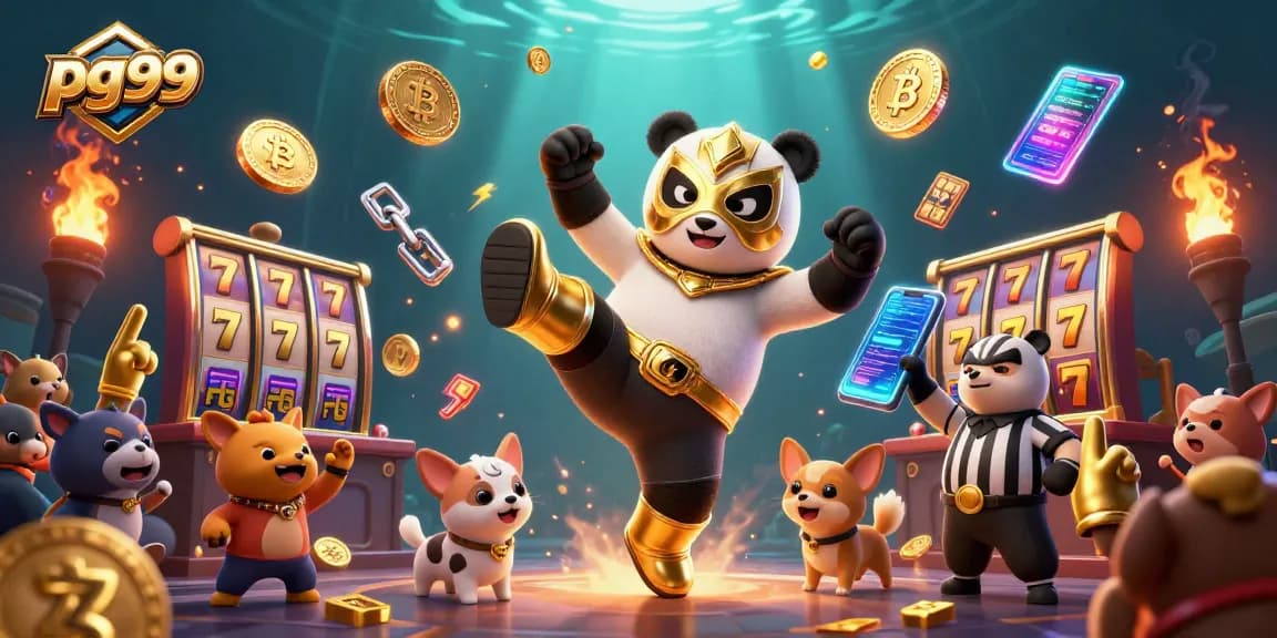 Experience the action at pg99 with a dynamic wrestling panda amidst jackpot slots and crypto elements.