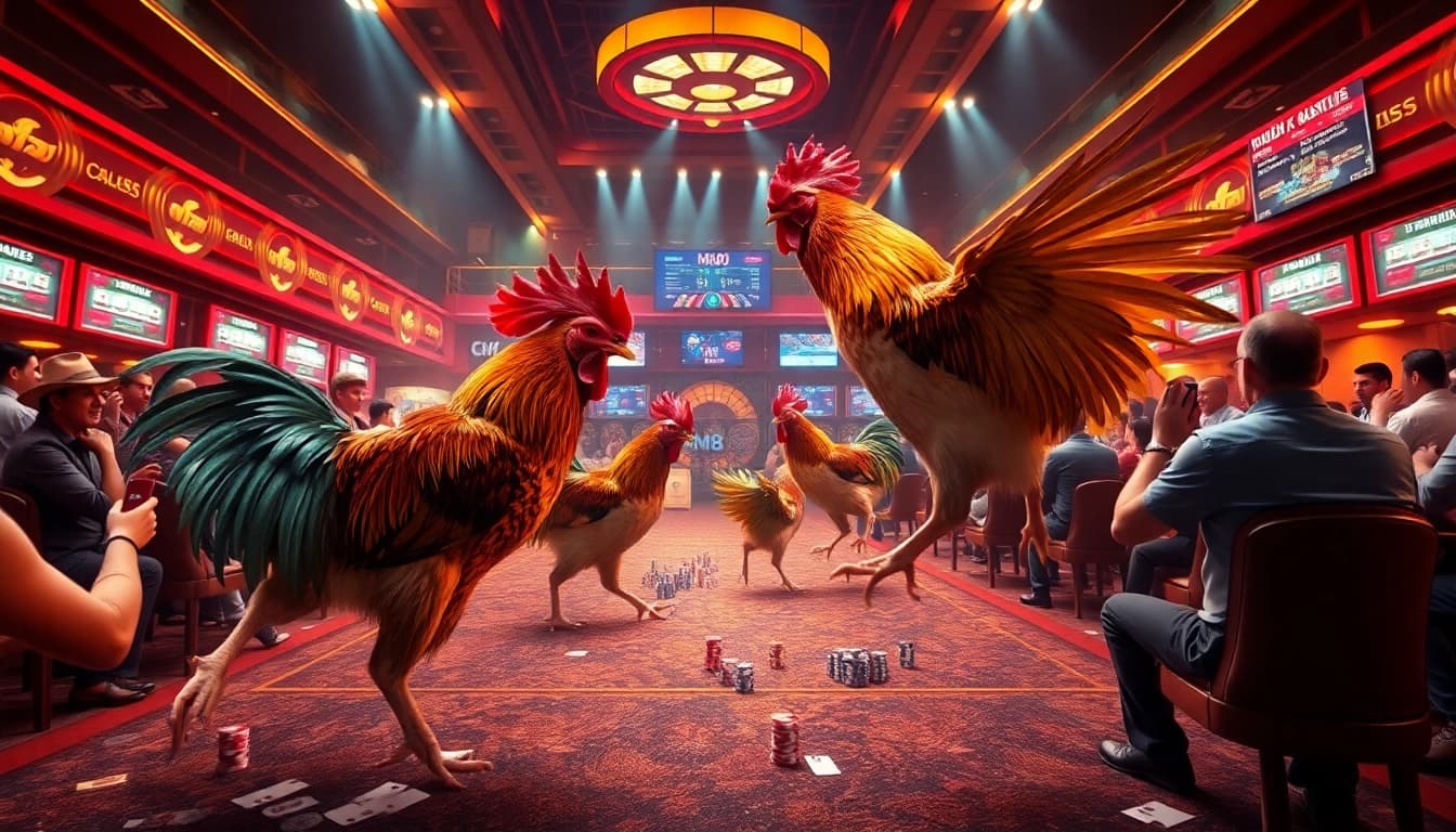 Exciting cockfighting action at https://cm88bet.us/da-ga-cm88/ with enthusiastic spectators and vibrant betting booths.