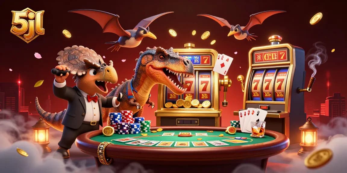 Engage with 5jl's thrilling jackpot scene featuring lively characters and vibrant casino elements.