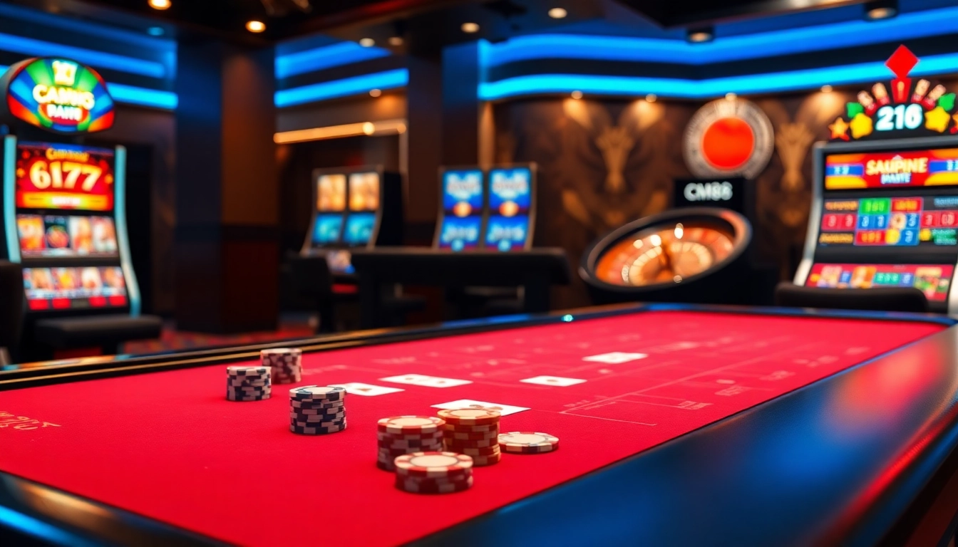 Exciting modern casino gaming experience with CM88 poker chips and vibrant slot machines.