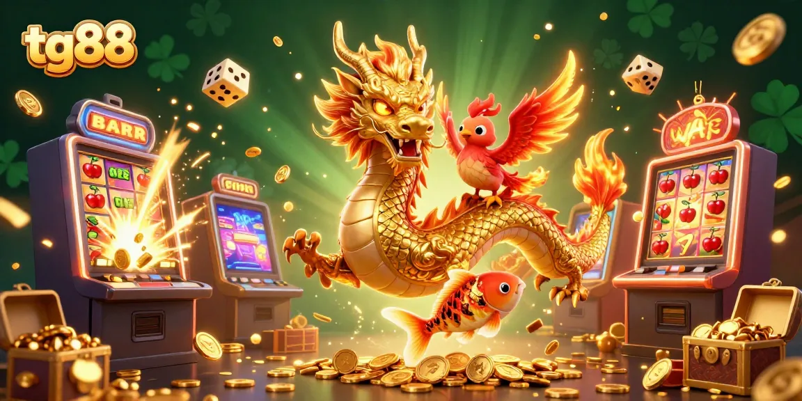 Win big with tg88's vibrant casino experience featuring a dragon and phoenix among jackpot symbols.