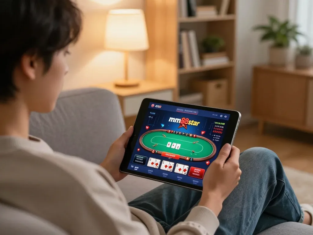 Person enjoying mm88star online poker game on a tablet in a cozy living room setting