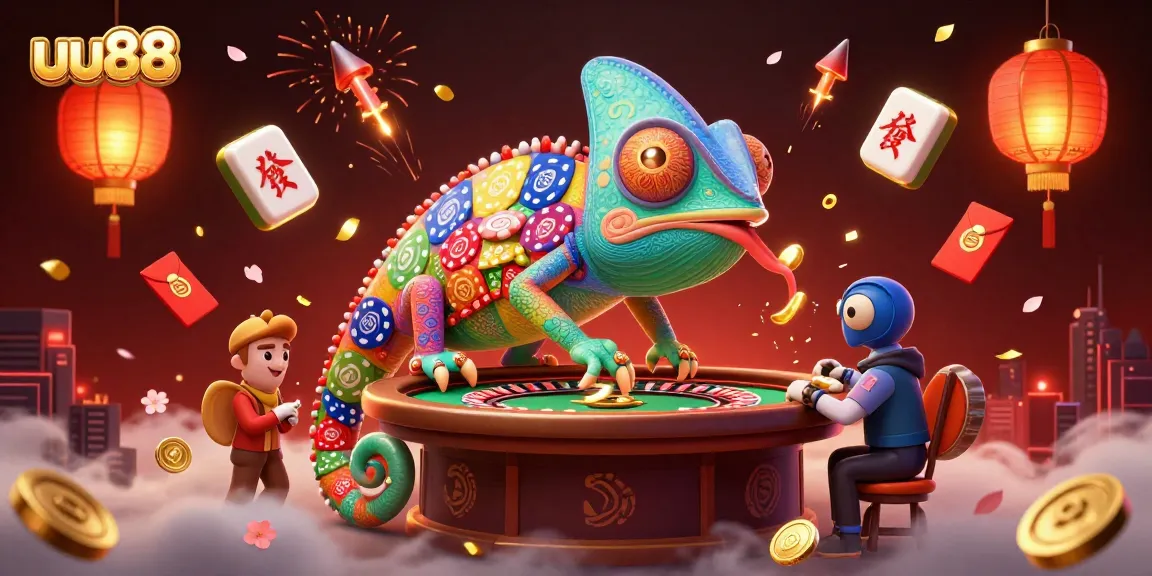 Experience the vibrant online gaming world at uu88, highlighted by a colorful chameleon casino owner surrounded by exciting game elements.
