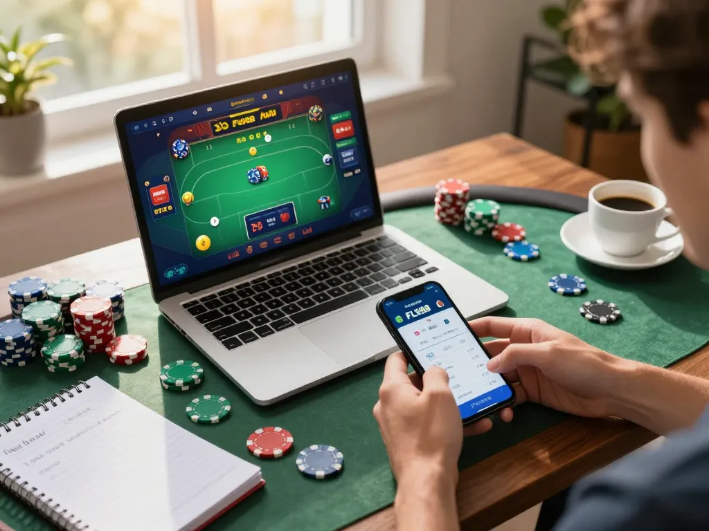 Engaging scene showing a player using the đăng ký FLY88 app for online gaming with vibrant poker chips.