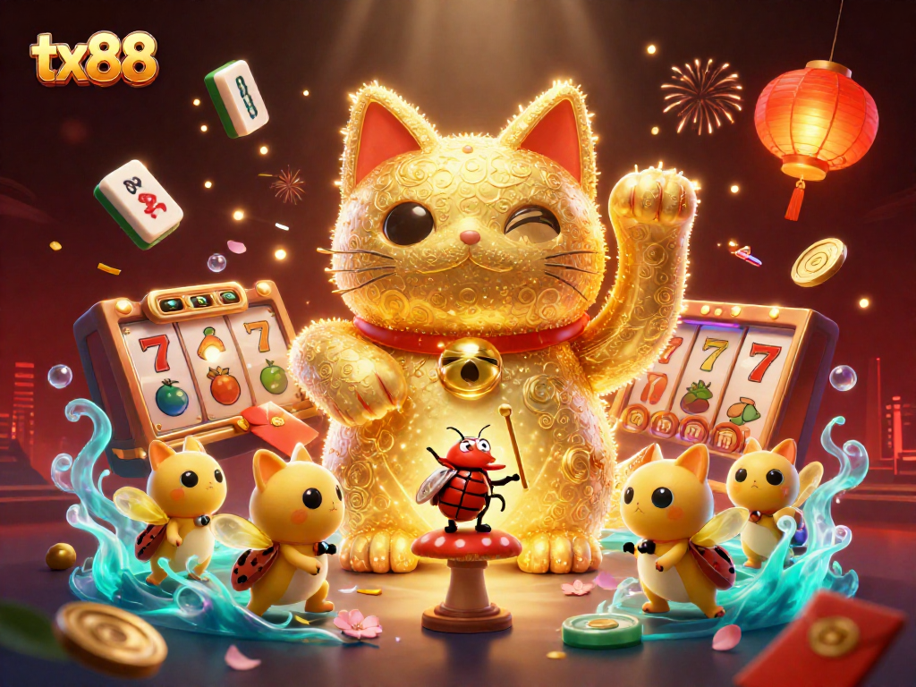 Engage with tx88's vibrant world, featuring a lucky cat and dynamic casino elements.