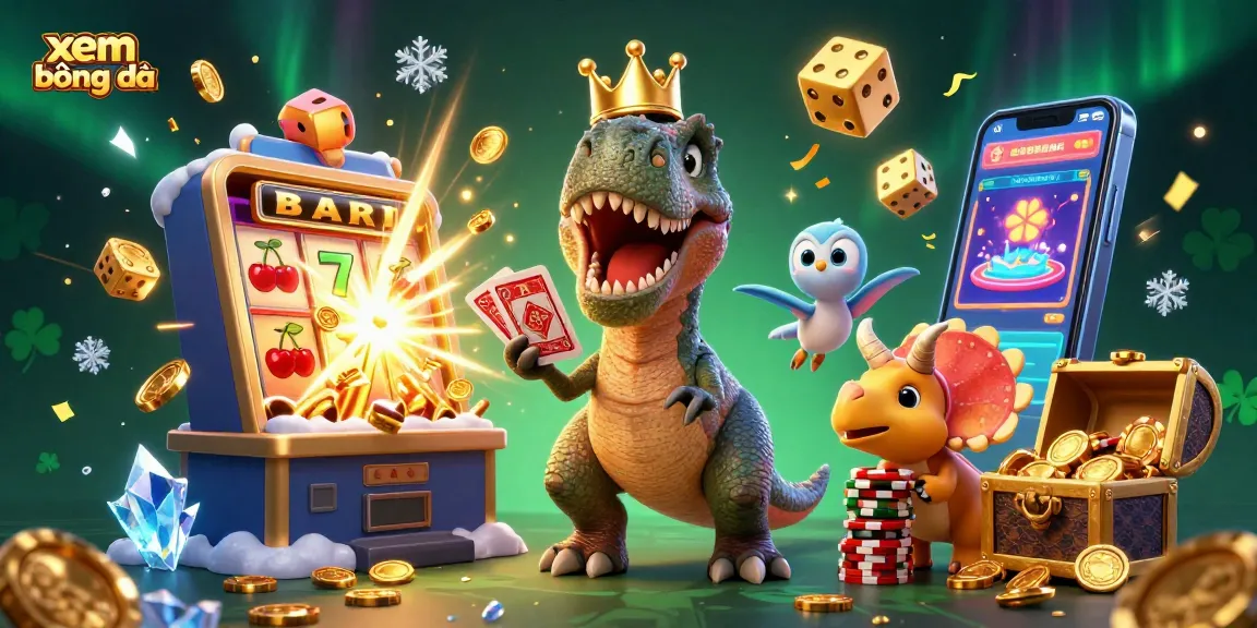 Xem bóng đá with T-Rex shuffling cards, pterodactyl assisting, and triceratops stacking chips in a lively casino scene.