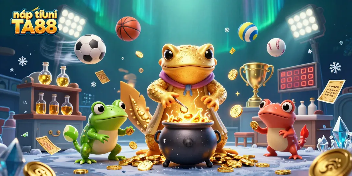 Engage in nạp tiền TA88 with a vibrant 3D casino-themed illustration showcasing dynamic sports and alchemy elements.