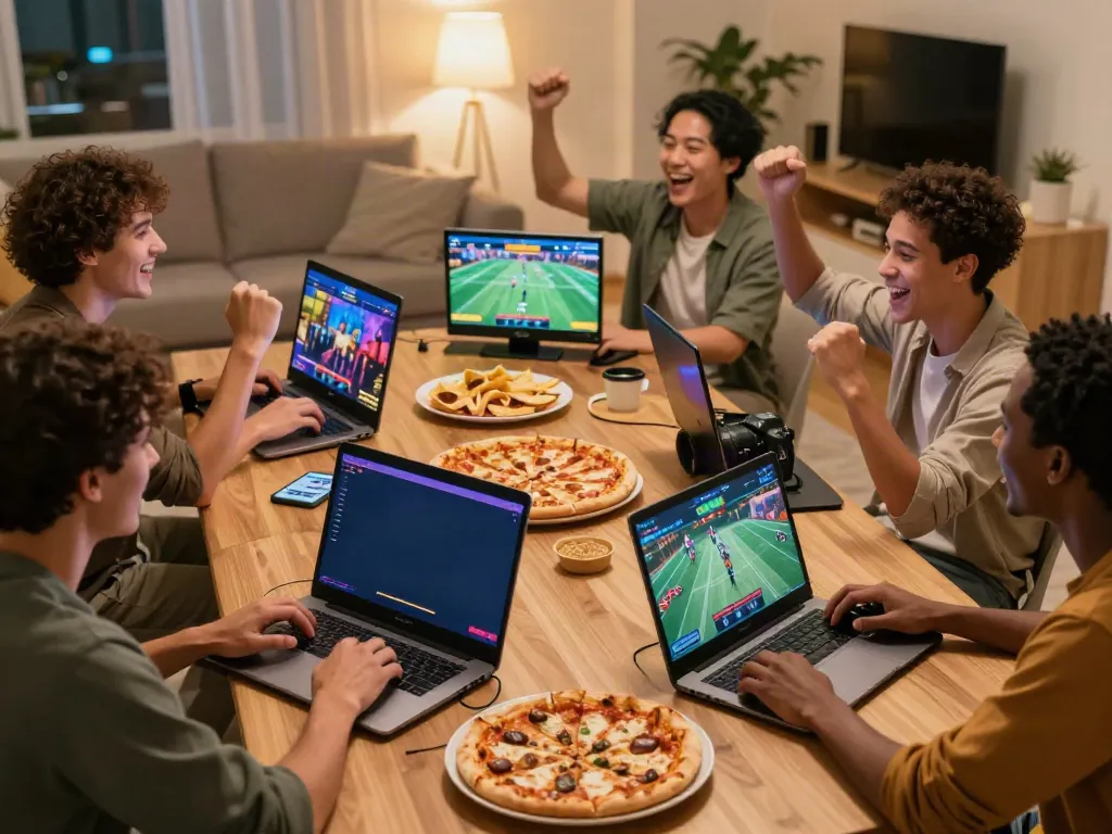 Friends enjoying an exciting online gaming session with nbet, immersed in a lively living room atmosphere.