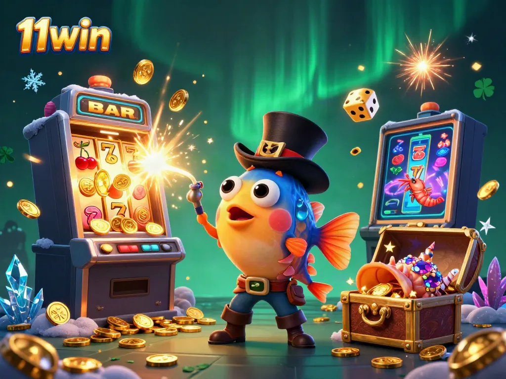 Experience thrilling wins at 11win with a vibrant casino scene featuring whimsical characters and a jackpot slot explosion.