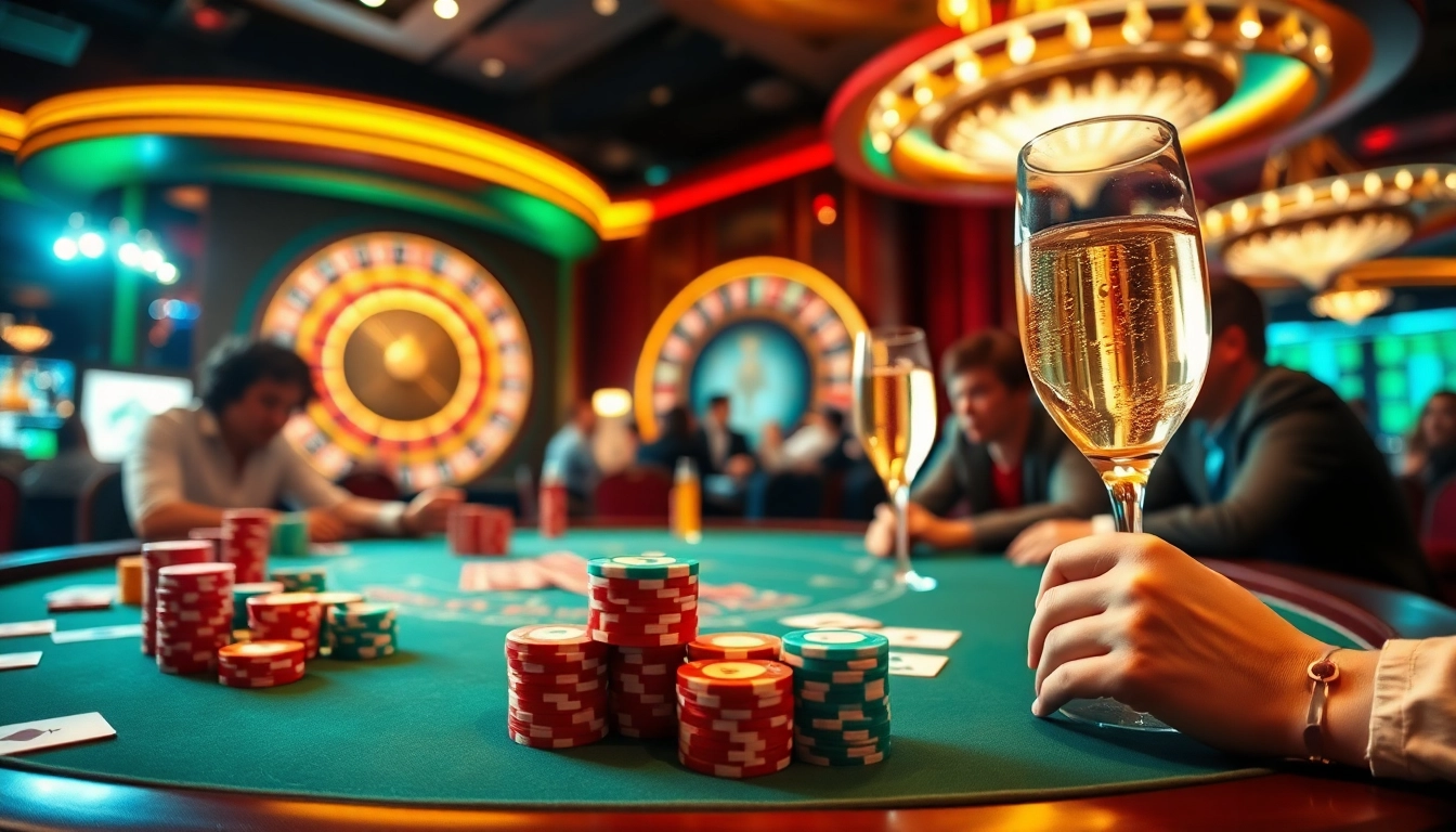 Experience an electrifying poker game at a casino with CM88-themed vibrant tables and chips.