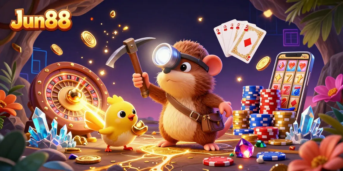 Experience explosive winnings with Jun88 at this vibrant cartoon casino illustration.