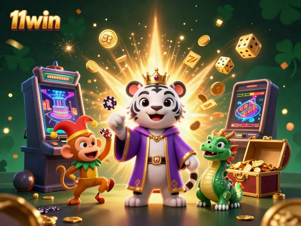 Experience the excitement of 11win with a vibrant 3D casino scene featuring a royal tiger and playful monkey, surrounded by jackpots.