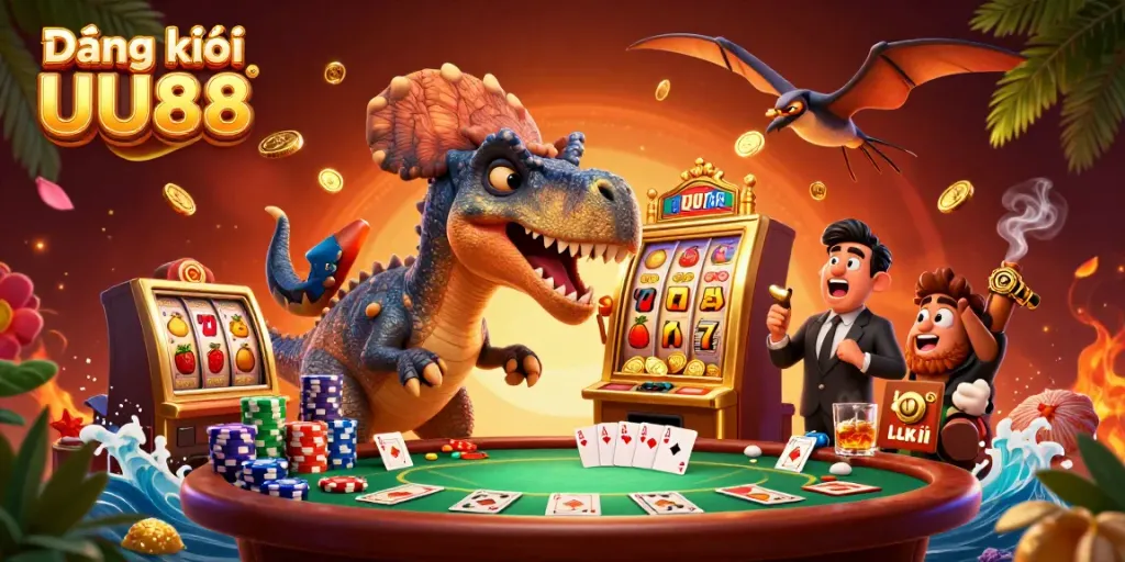 Experience the thrill of Đăng ký UU88 with a cartoon pachycephalosaurus activating a golden slot machine.