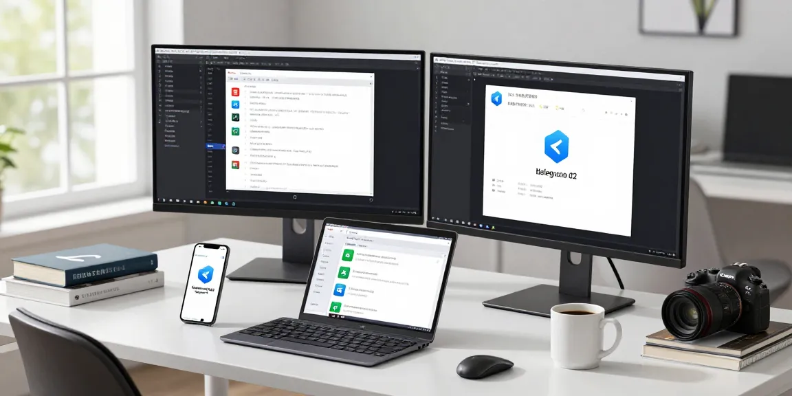 Customizing Telegram Chinese interface settings in a modern tech workspace with dual monitors and coding software.