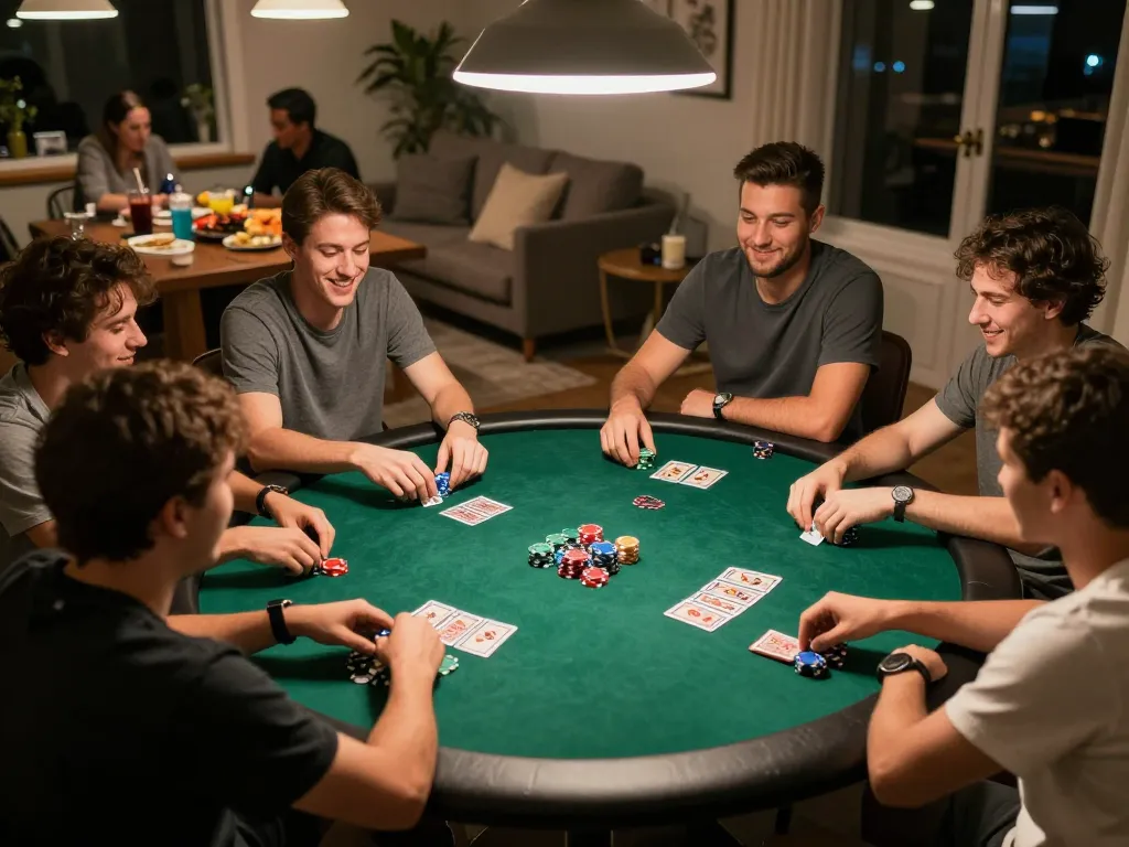 Friends enjoying a lively poker night, showcasing cm88.com gaming experience in a warm home environment.
