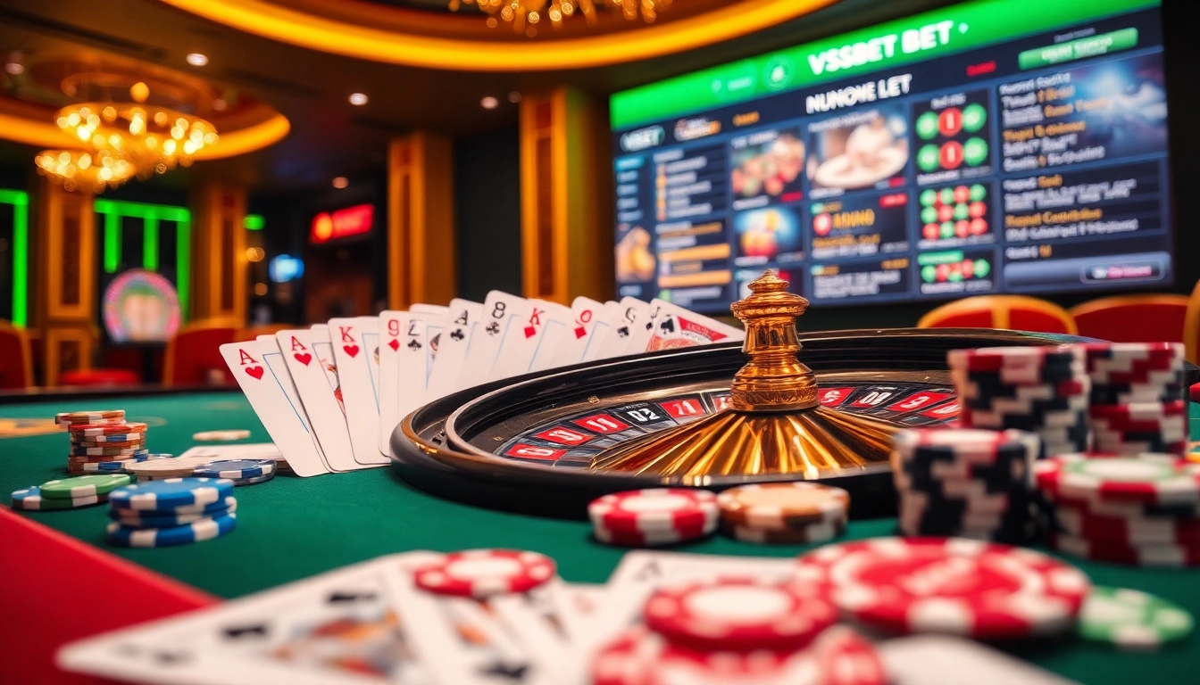 Experience high-stakes gaming with VSBET at a luxurious roulette table surrounded by poker chips.